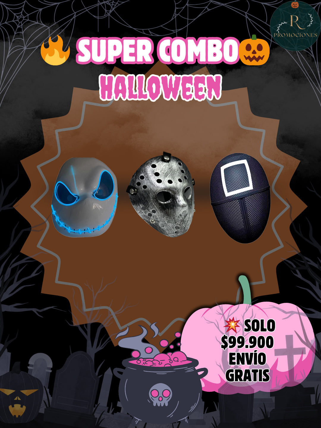 🎭Súper Combo 3 Máscaras – Jack Neón + Jason + Juego del Calamar|ENVIO GRATIS